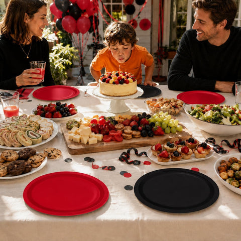 Family dinner table set with the red and black oval plates