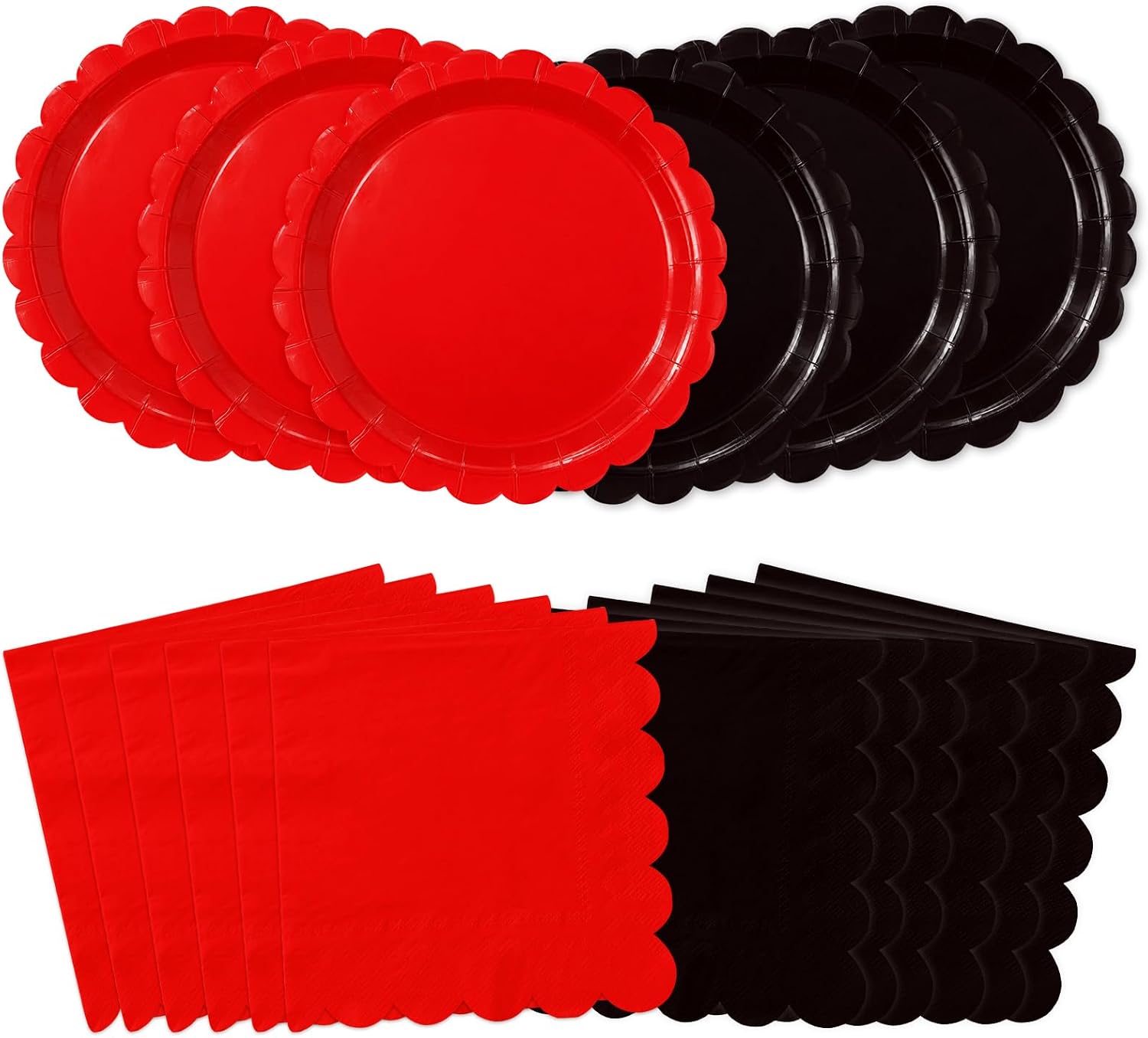 48Pcs Red and Black Scalloped Plates and Napkins Serves 24 - Grencian