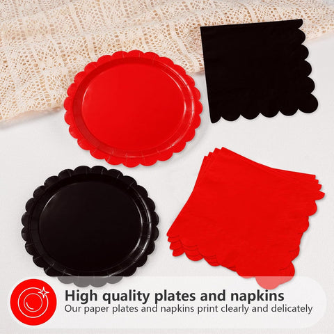 48Pcs Red and Black Scalloped Plates and Napkins Serves 24 - Grencian