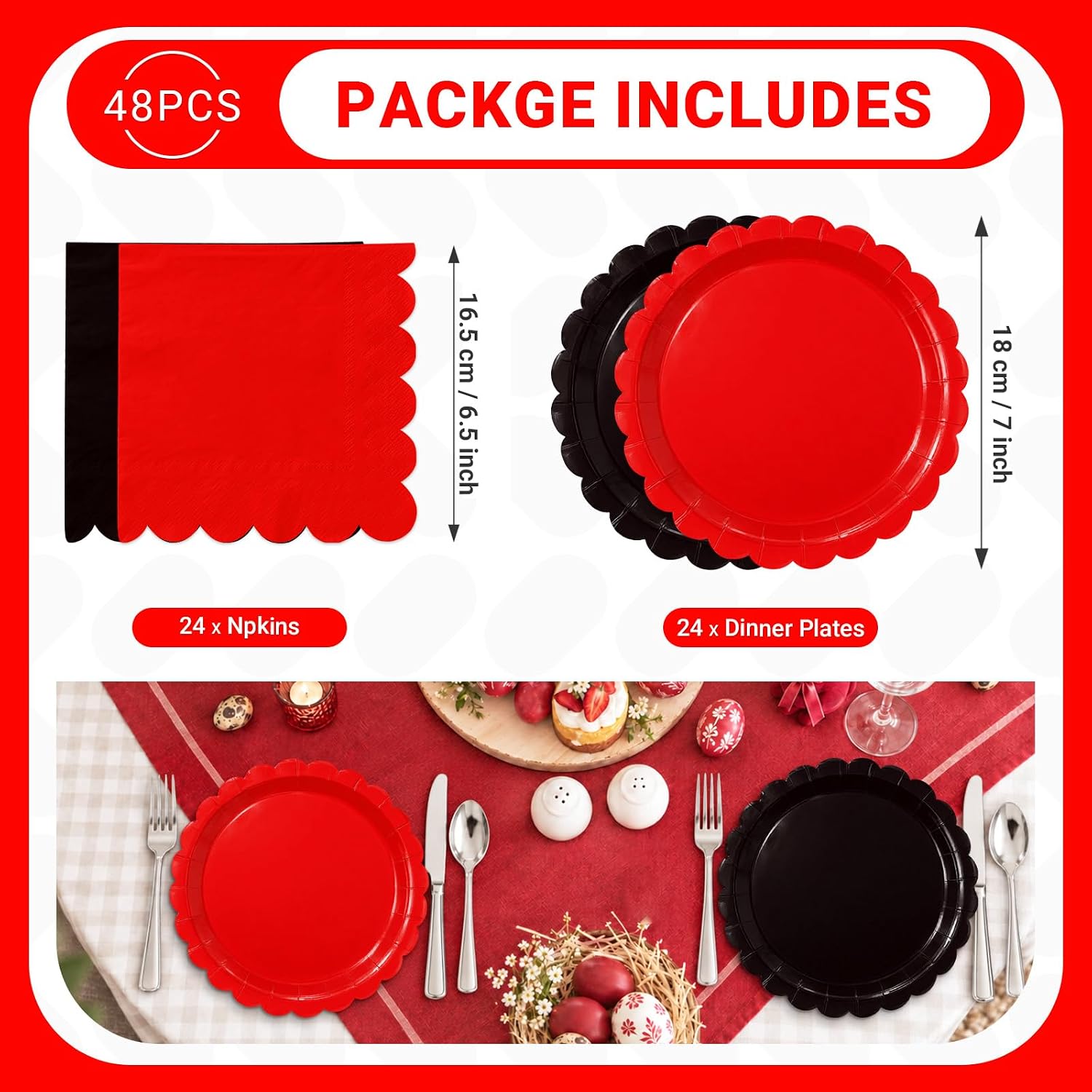 48Pcs Red and Black Scalloped Plates and Napkins Serves 24 - Grencian