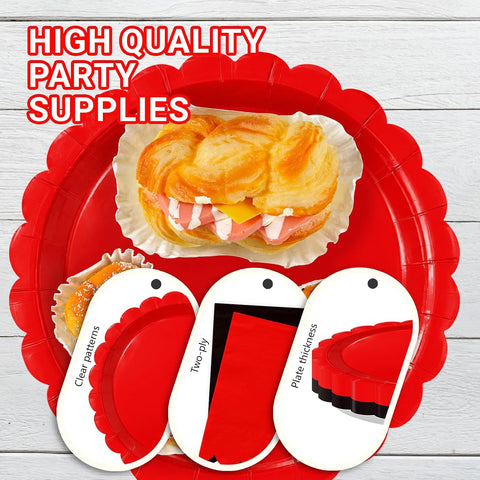 48Pcs Red and Black Scalloped Plates and Napkins Serves 24 - Grencian
