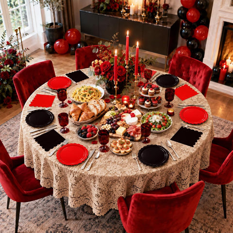 48Pcs Red and Black Scalloped Plates and Napkins Serves 24 - Grencian