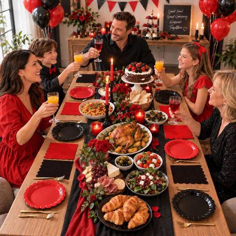 48Pcs Red and Black Scalloped Plates and Napkins Serves 24 - Grencian