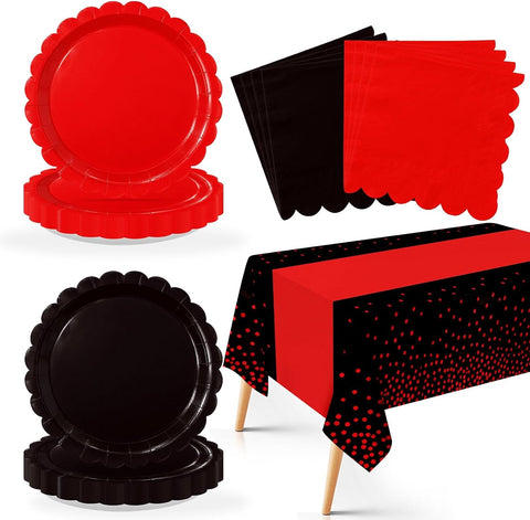 49Pcs Red and Black Plates Napkins and Tablecloth Serves 24 - Grencian