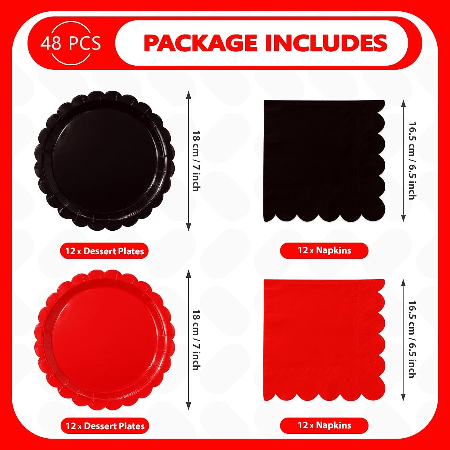 49Pcs Red and Black Plates Napkins and Tablecloth Serves 24 - Grencian