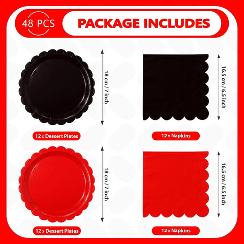 49Pcs Red and Black Plates Napkins and Tablecloth Serves 24 - Grencian