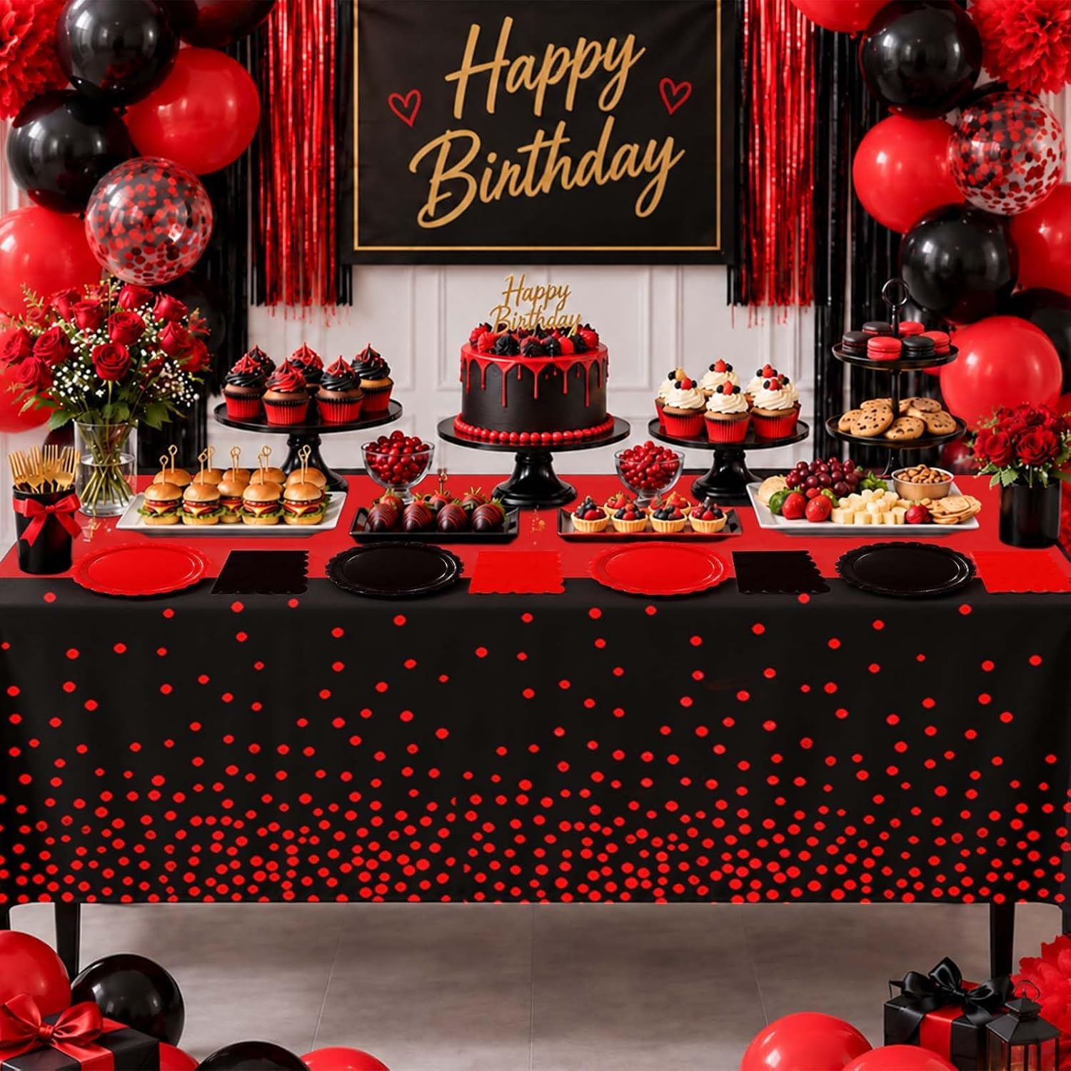 49Pcs Red and Black Plates Napkins and Tablecloth Serves 24 - Grencian