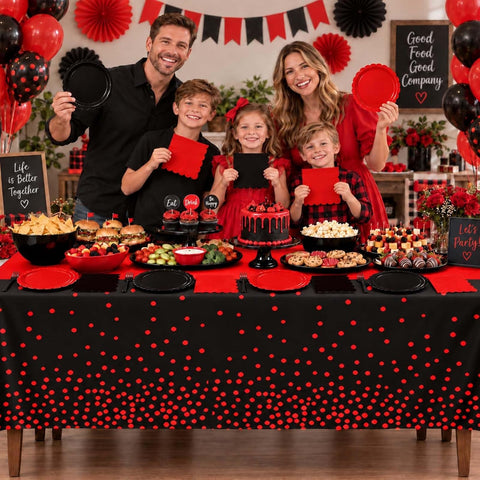 49Pcs Red and Black Plates Napkins and Tablecloth Serves 24 - Grencian