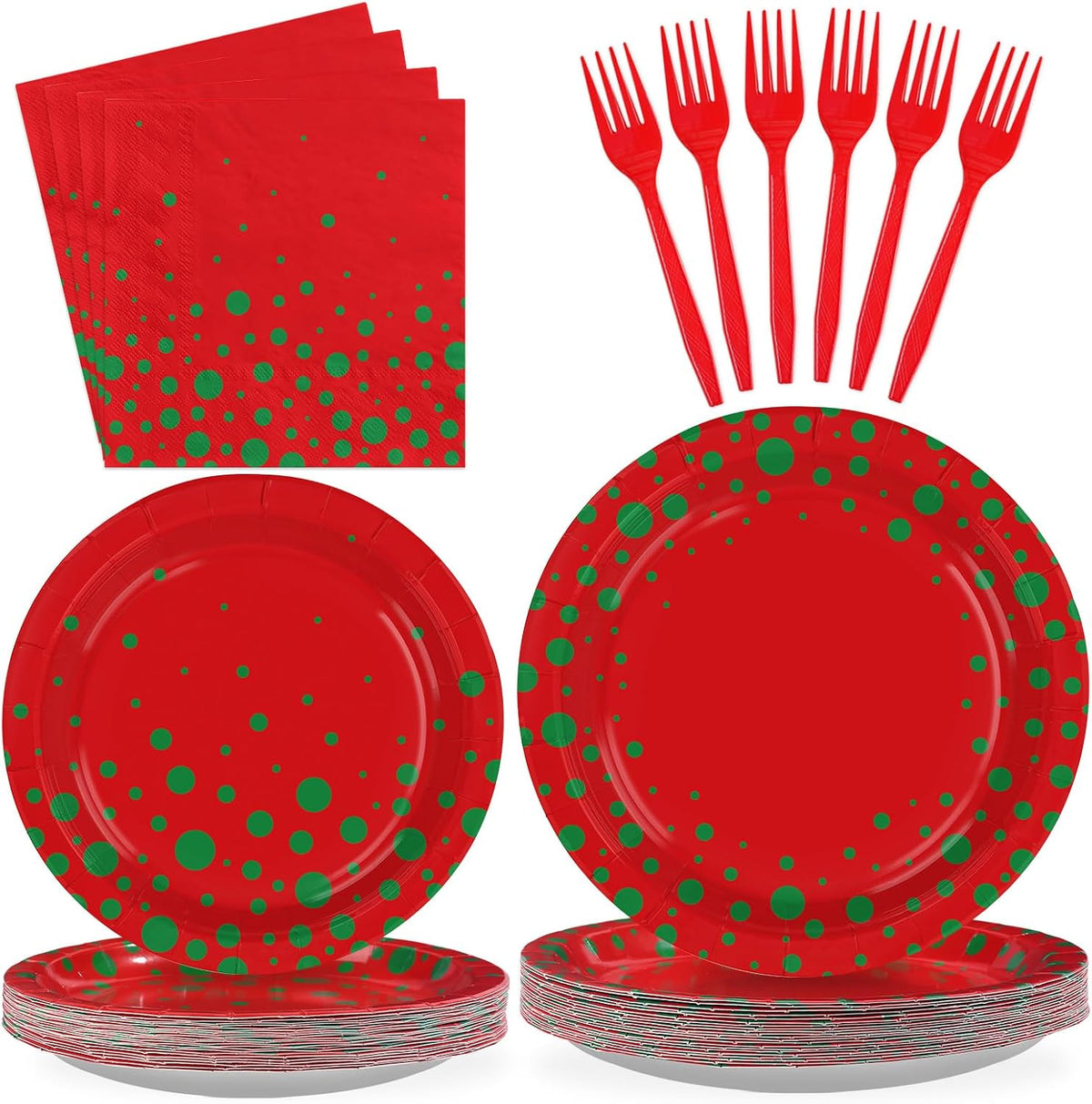 Grencian 96Pcs Christmas Red Green Polka Dot Plates Set - Grencian