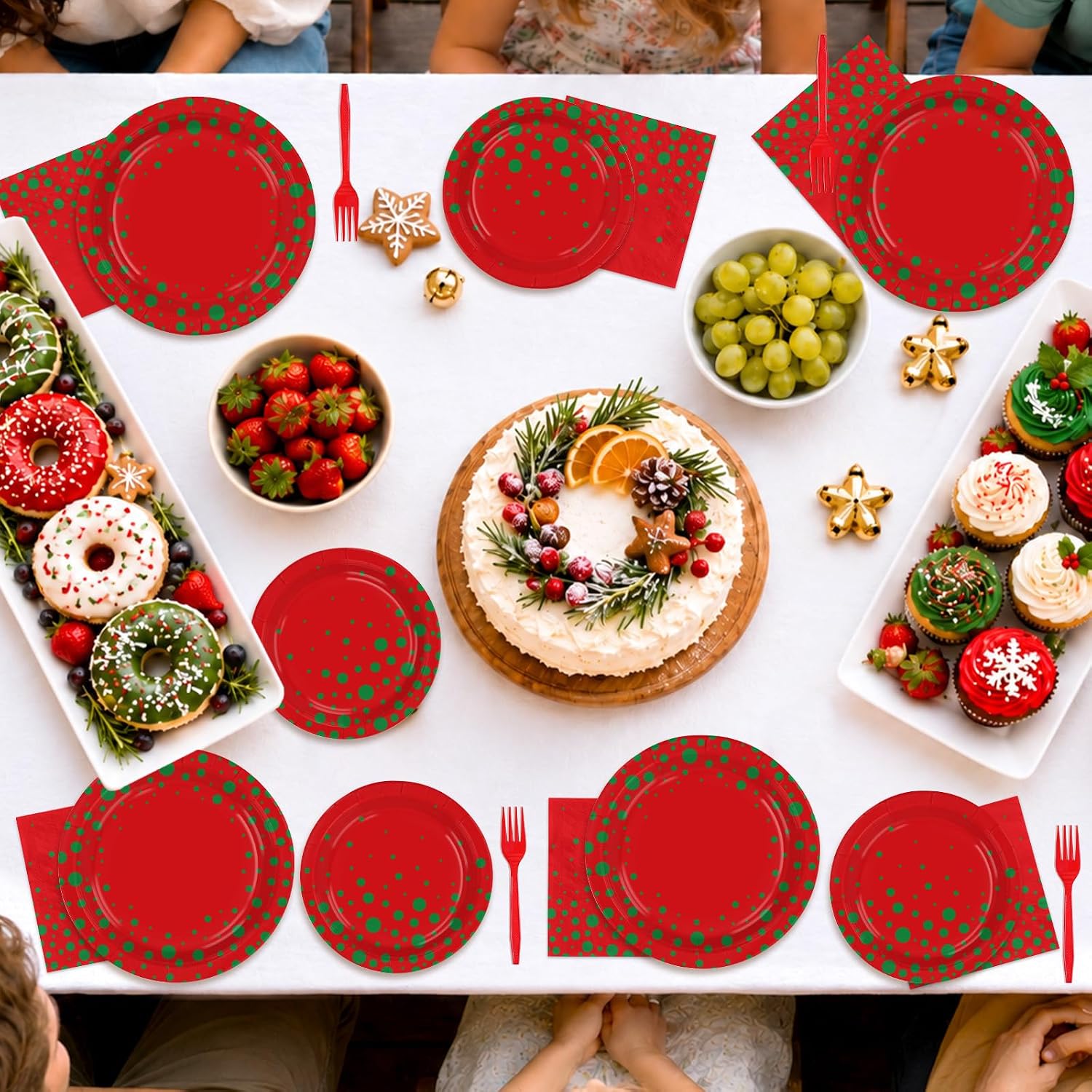 Grencian 96Pcs Christmas Red Green Polka Dot Plates Set - Grencian