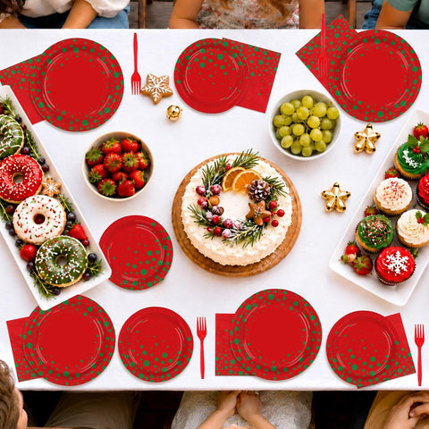 Grencian 96Pcs Christmas Red Green Polka Dot Plates Set - Grencian