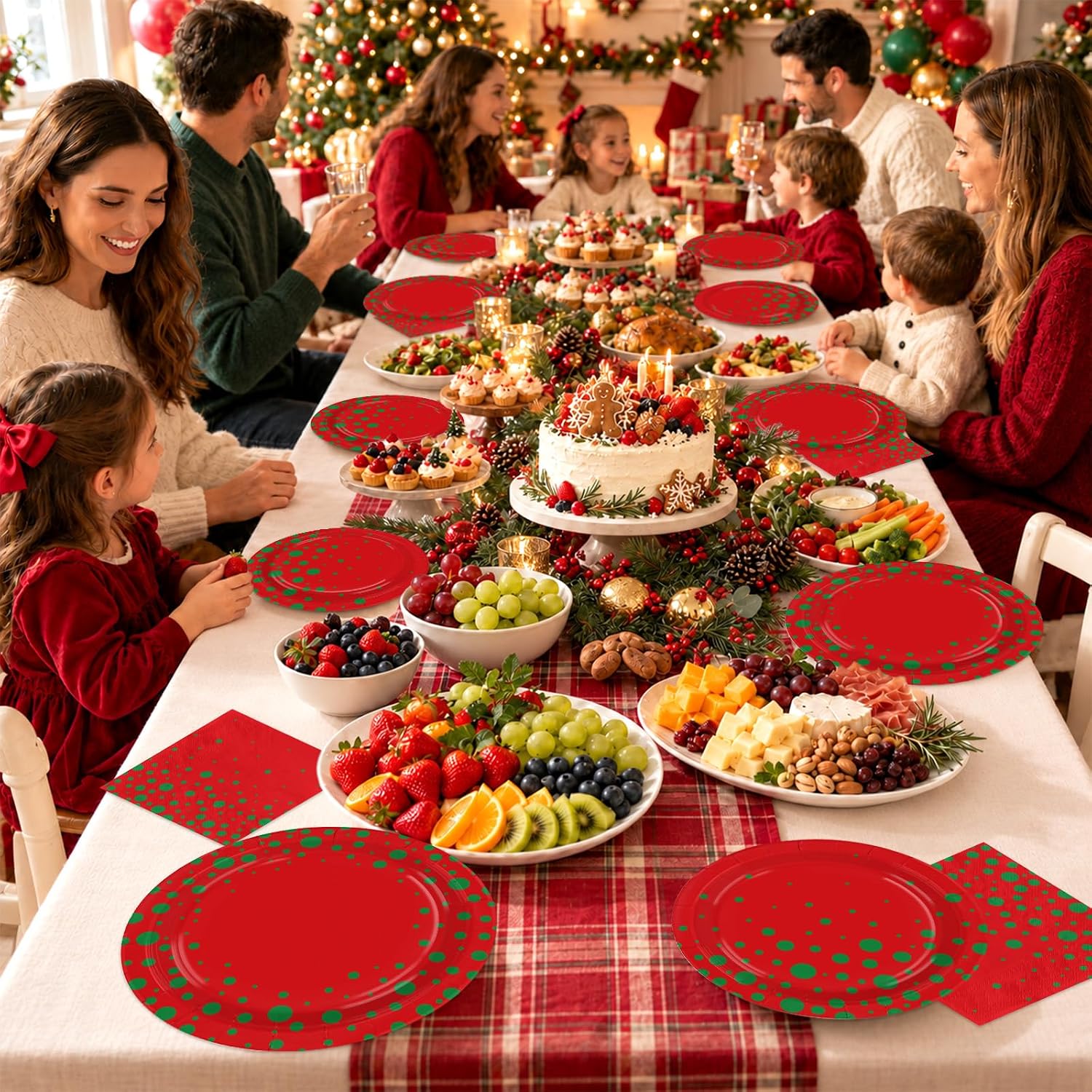 Grencian 96Pcs Christmas Red Green Polka Dot Plates Set - Grencian