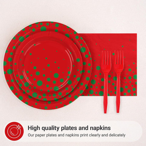 Grencian 96Pcs Christmas Red Green Polka Dot Plates Set - Grencian