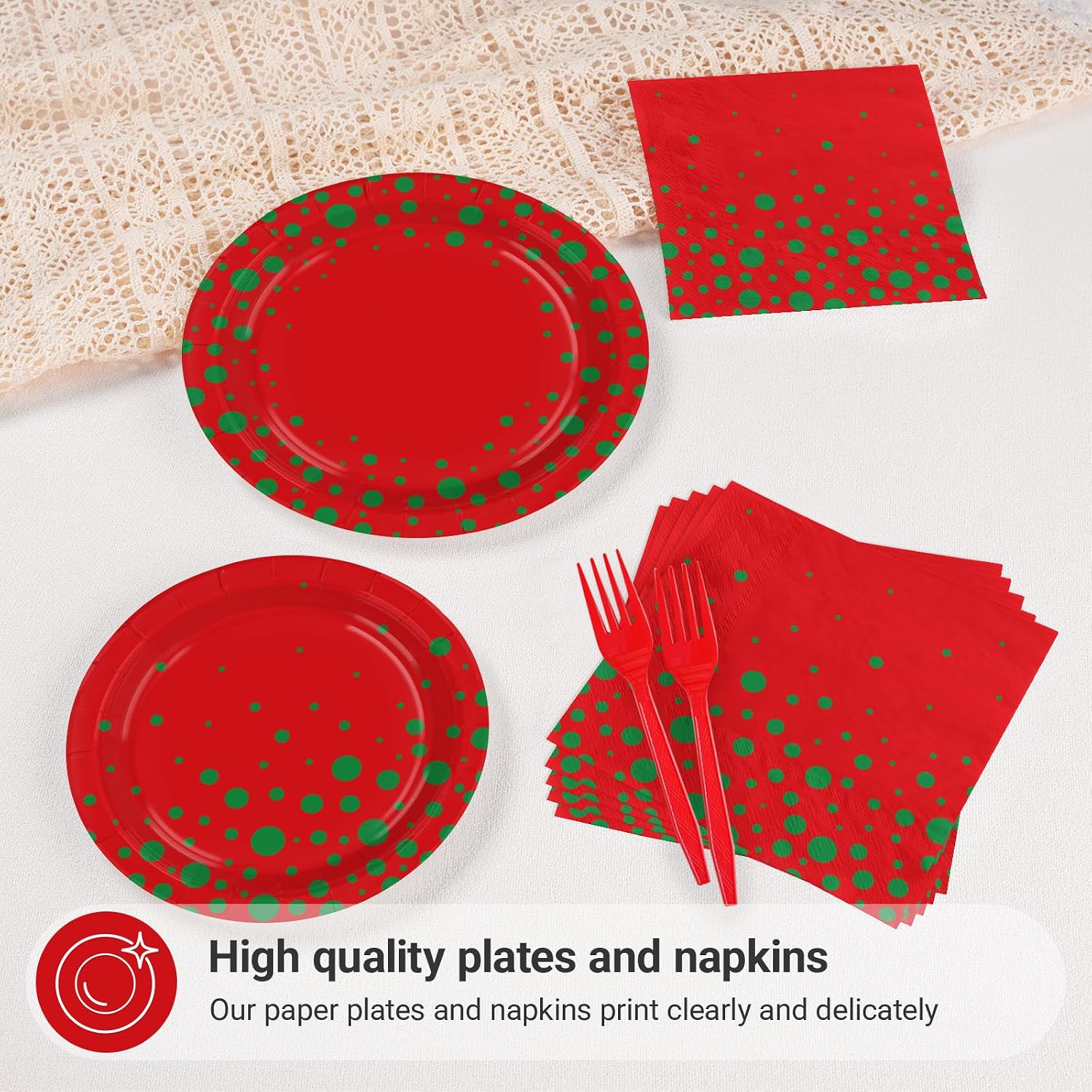 Grencian 96Pcs Christmas Red Green Polka Dot Plates Set - Grencian