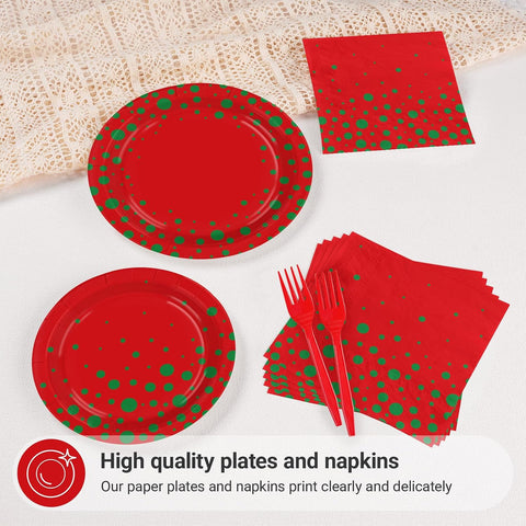 Grencian 96Pcs Christmas Red Green Polka Dot Plates Set - Grencian