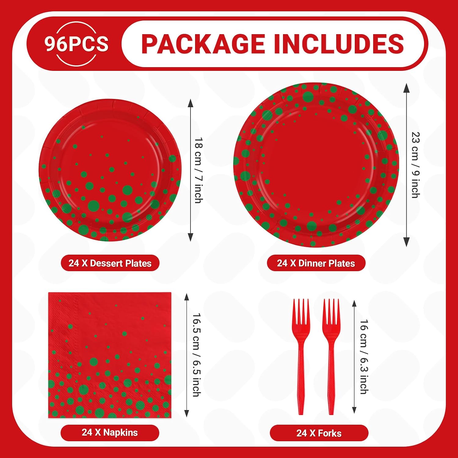 Grencian 96Pcs Christmas Red Green Polka Dot Plates Set - Grencian