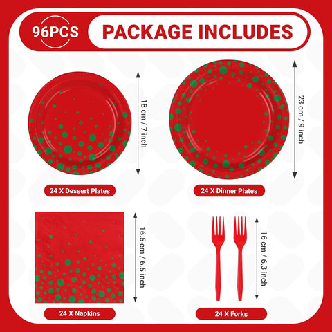Grencian 96Pcs Christmas Red Green Polka Dot Plates Set - Grencian