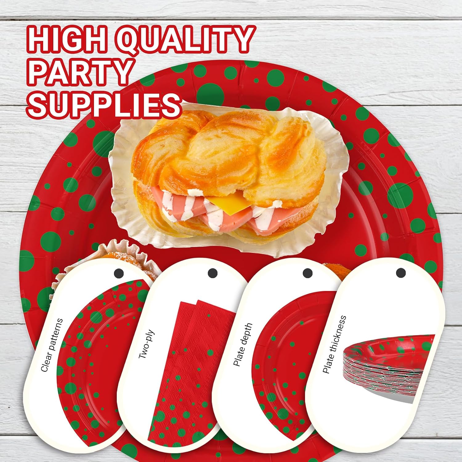 Grencian 96Pcs Christmas Red Green Polka Dot Plates Set - Grencian