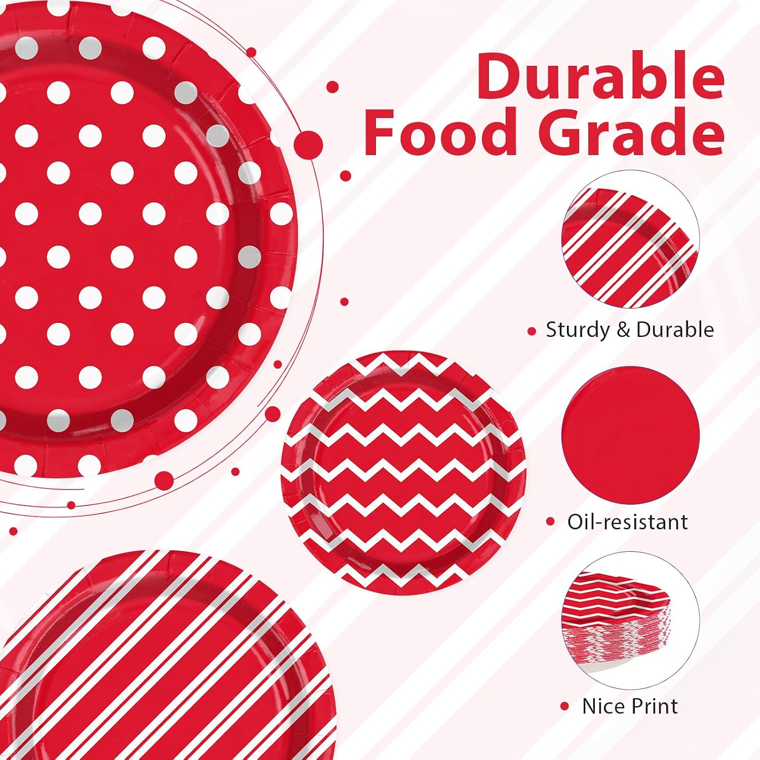 60Pcs Red and White Paper Plates 9 Inch 4 Patterns - Grencian