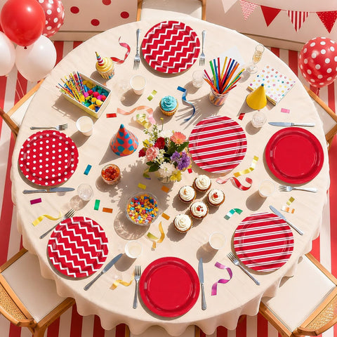 60Pcs Red and White Paper Plates 9 Inch 4 Patterns - Grencian