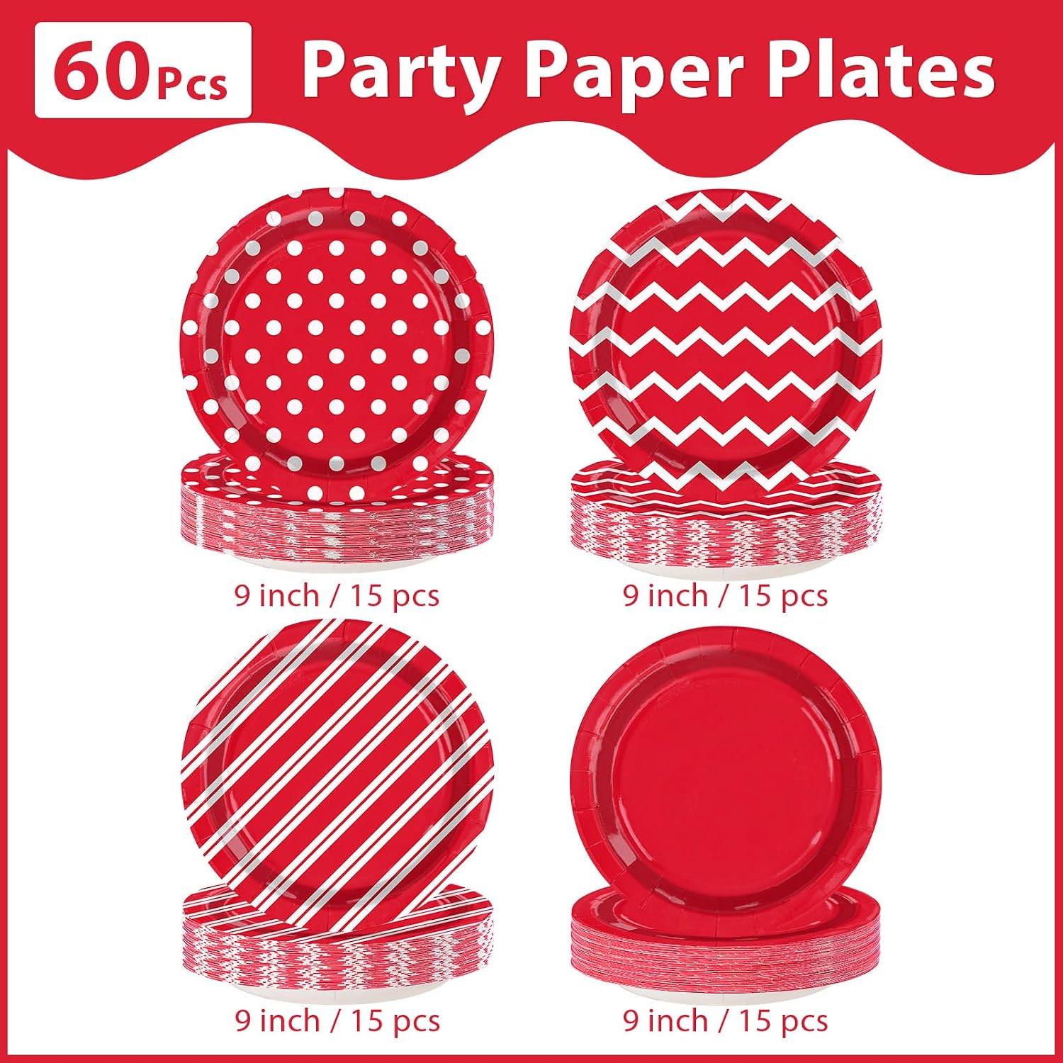 60Pcs Red and White Paper Plates 9 Inch 4 Patterns - Grencian