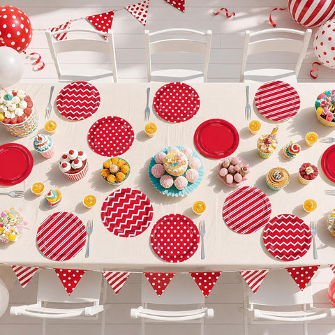 60Pcs Red and White Paper Plates 9 Inch 4 Patterns - Grencian