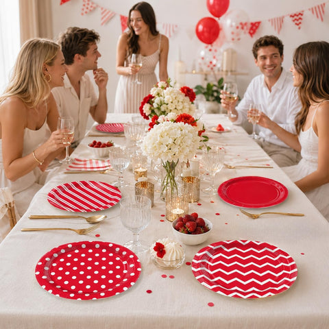 60Pcs Red and White Paper Plates 9 Inch 4 Patterns - Grencian