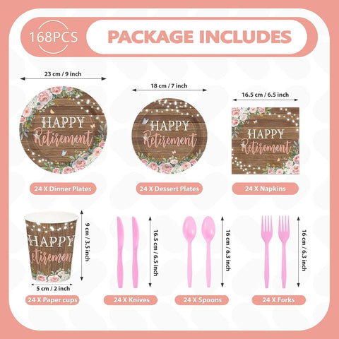 Full set of rustic pink floral plates napkins cups cutlery flat lay