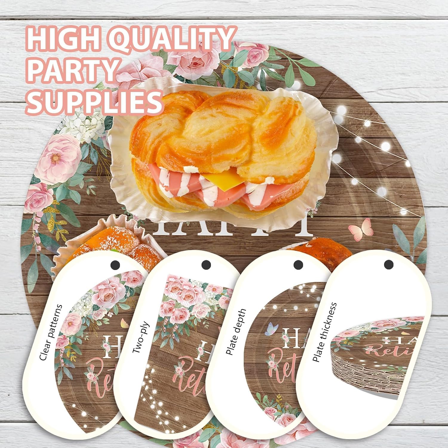 Stack of wood flower themed retirement plates and napkins