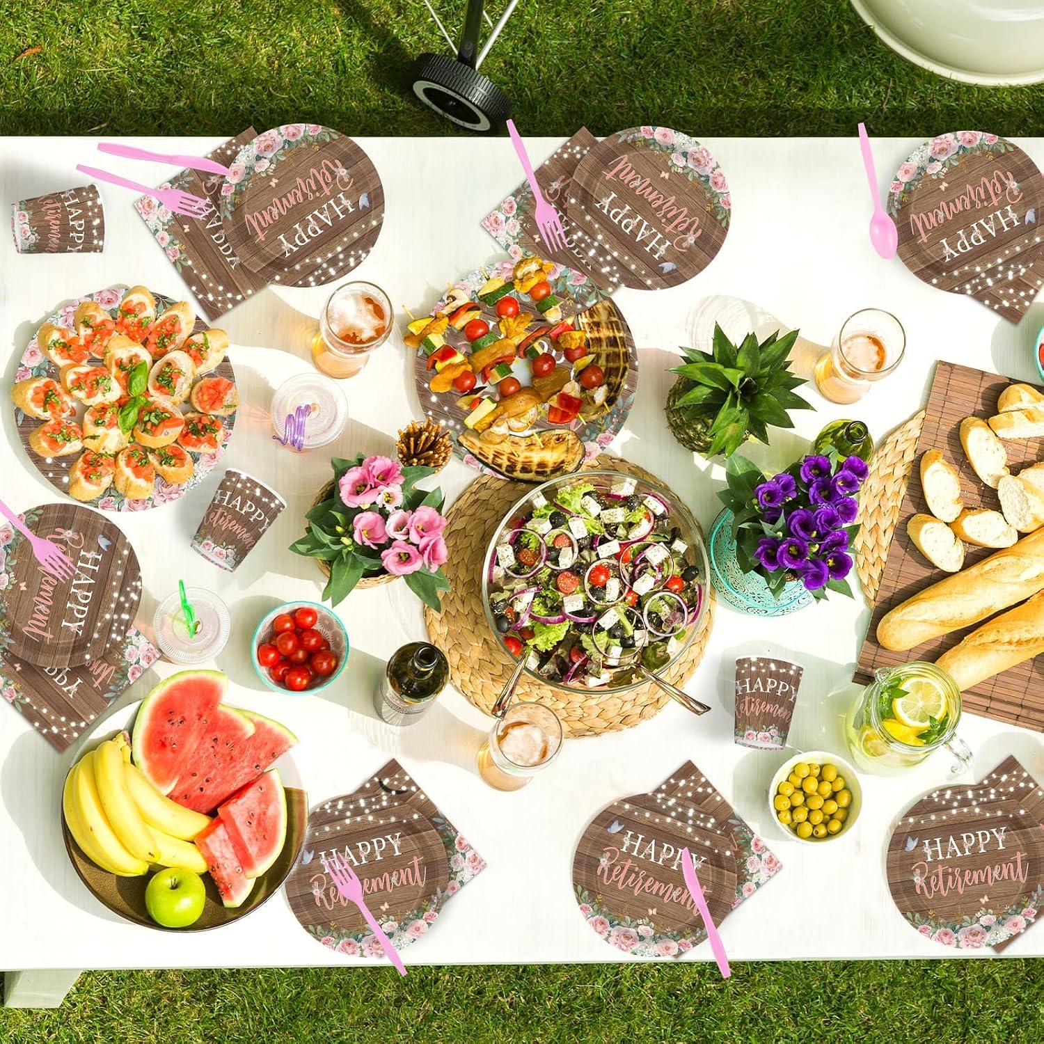 Retirement farewell party table with rustic floral tableware