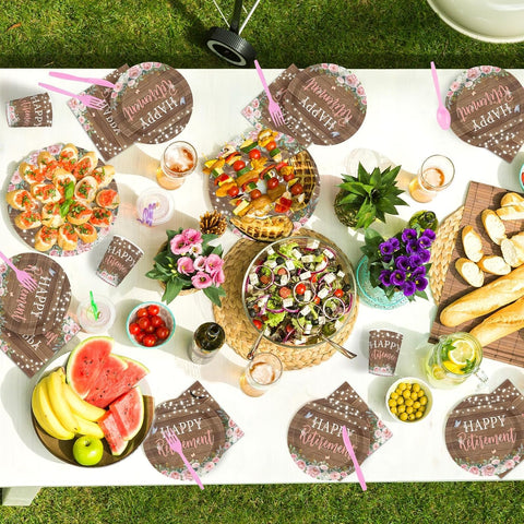 Retirement farewell party table with rustic floral tableware