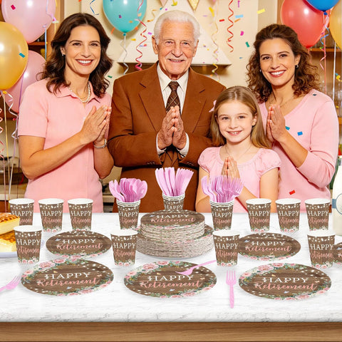 Goodbye going away party scene with pink floral tableware