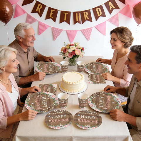 Rustic retirement celebration details with flower napkins
