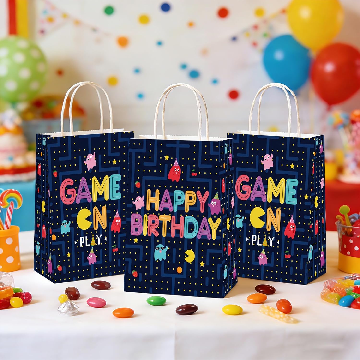 Package contents infographic showing 16 retro gaming favor bags