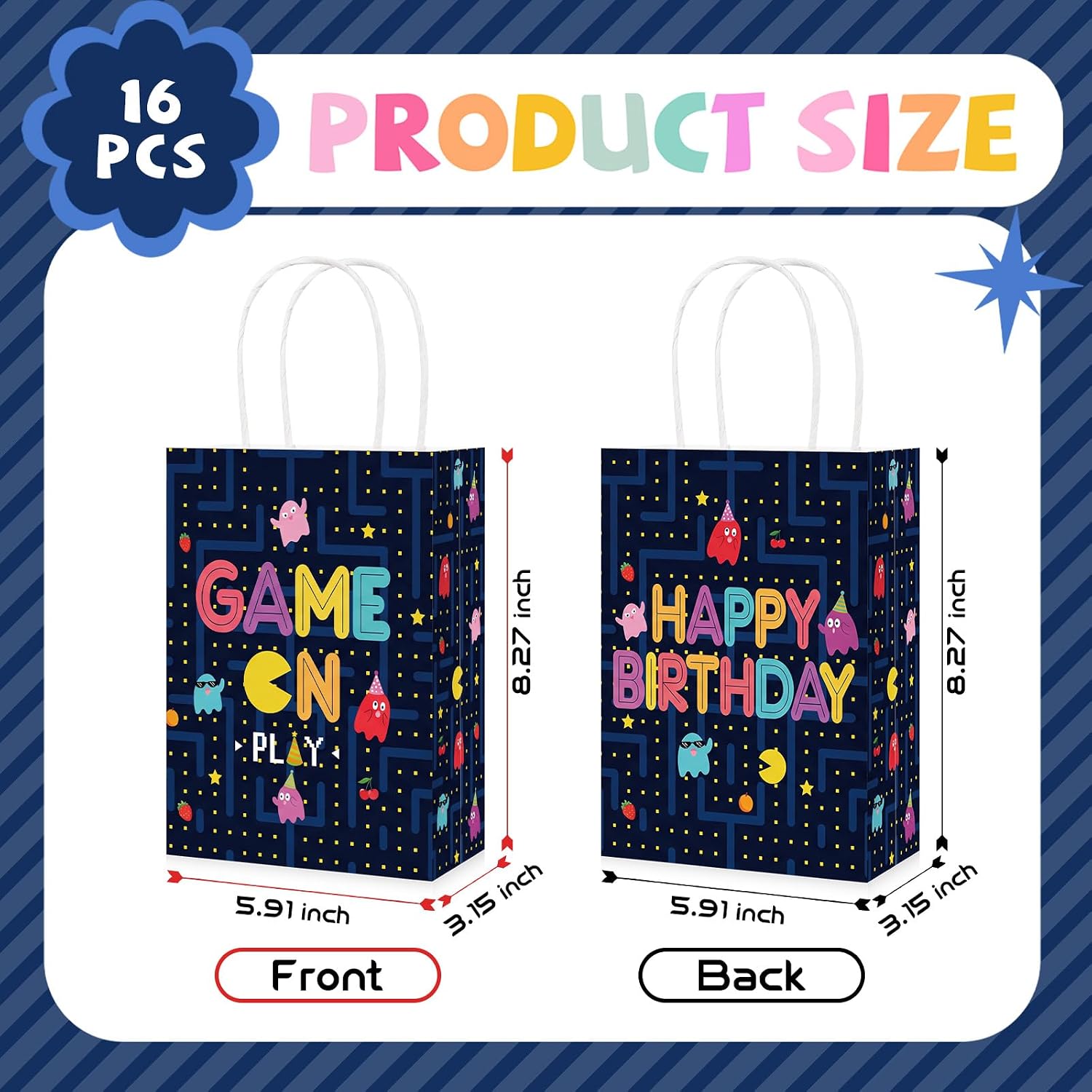 Game On paper gift bag with handles and pixel art design