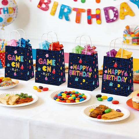Girls boys gaming birthday party scene with retro gaming themed bags