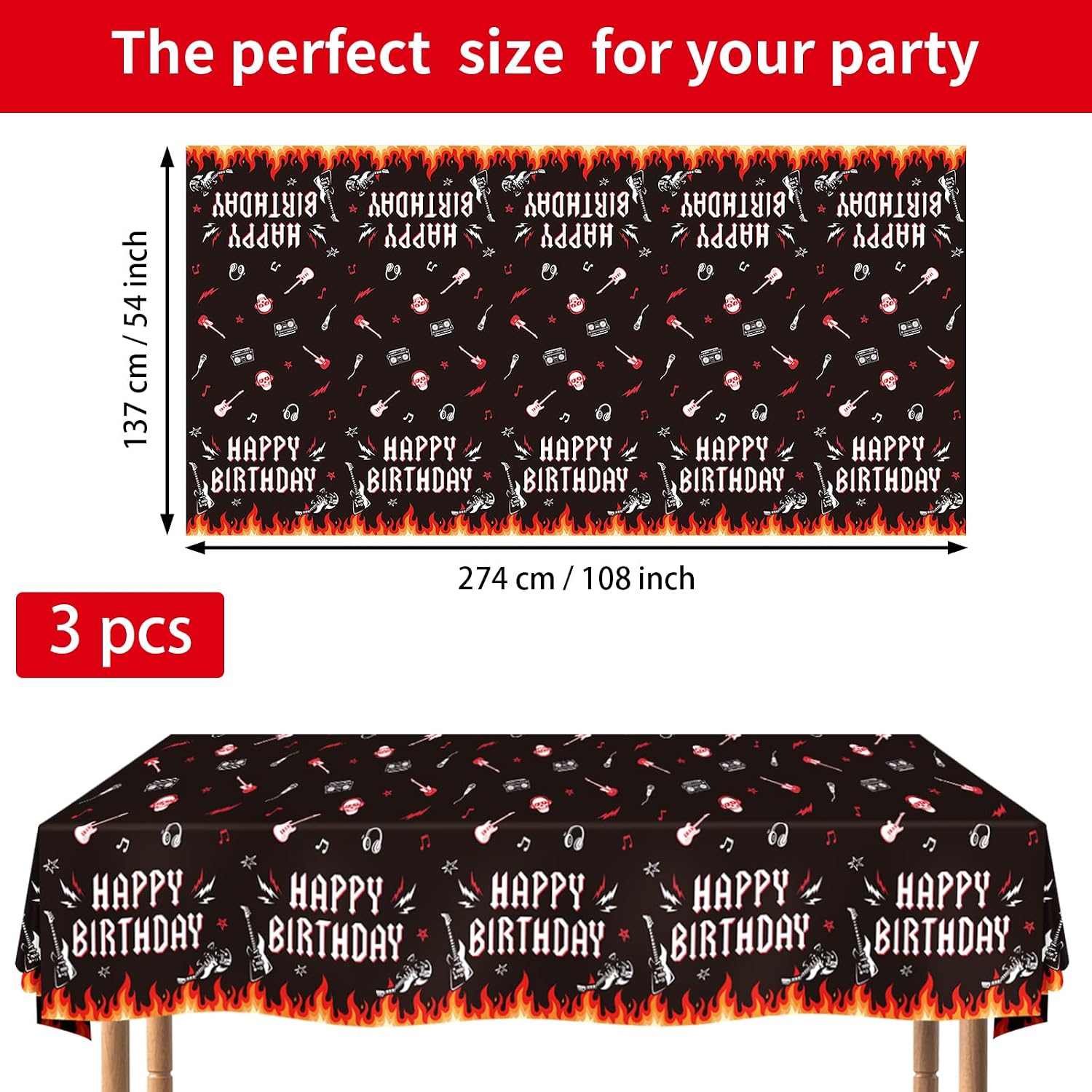 Flat lay of three rock and roll tablecloths with music theme