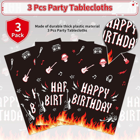 Rock and roll tablecloth draped on party table with music decorations