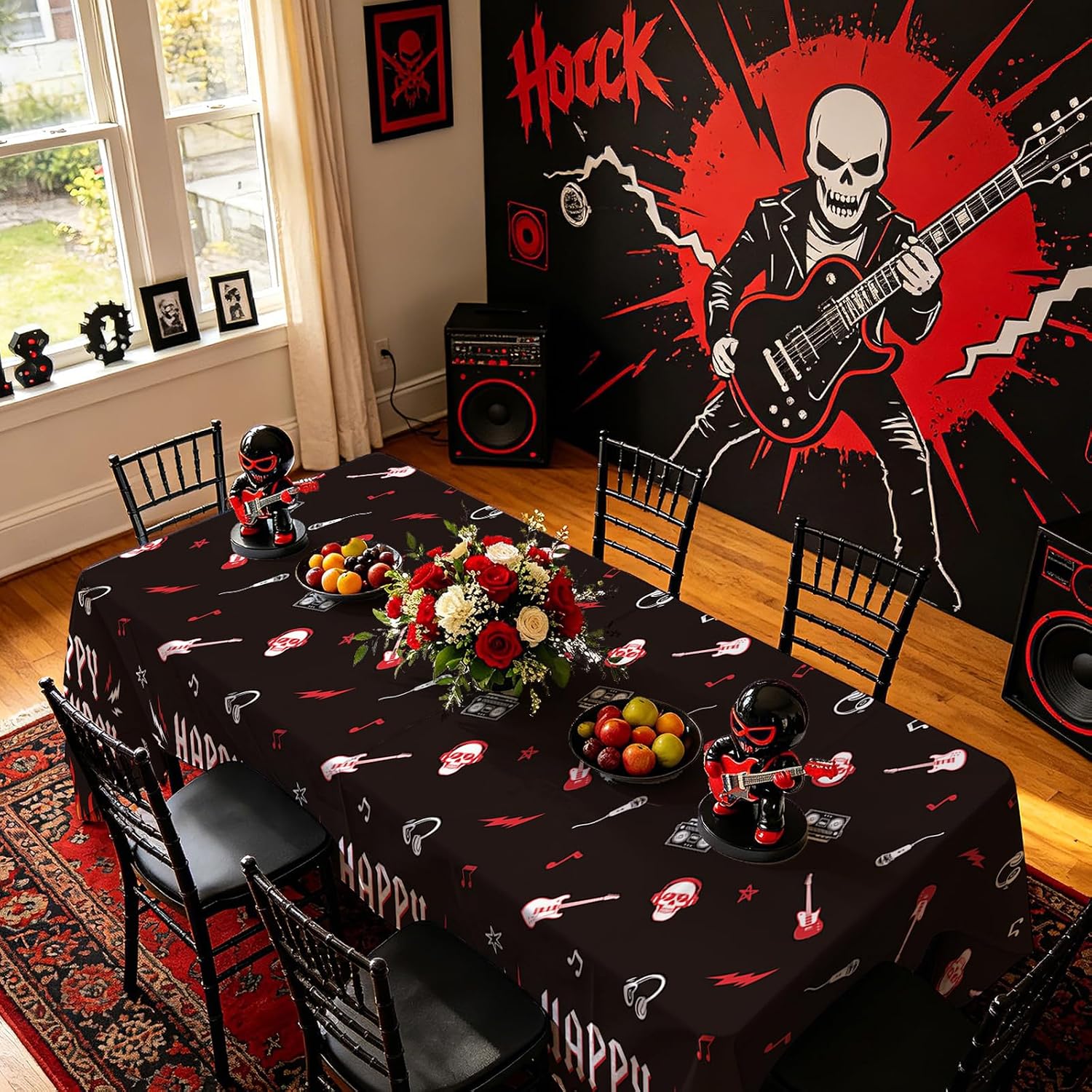 Birthday baby shower party scene with rockstar themed tablecloth