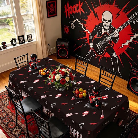 Birthday baby shower party scene with rockstar themed tablecloth