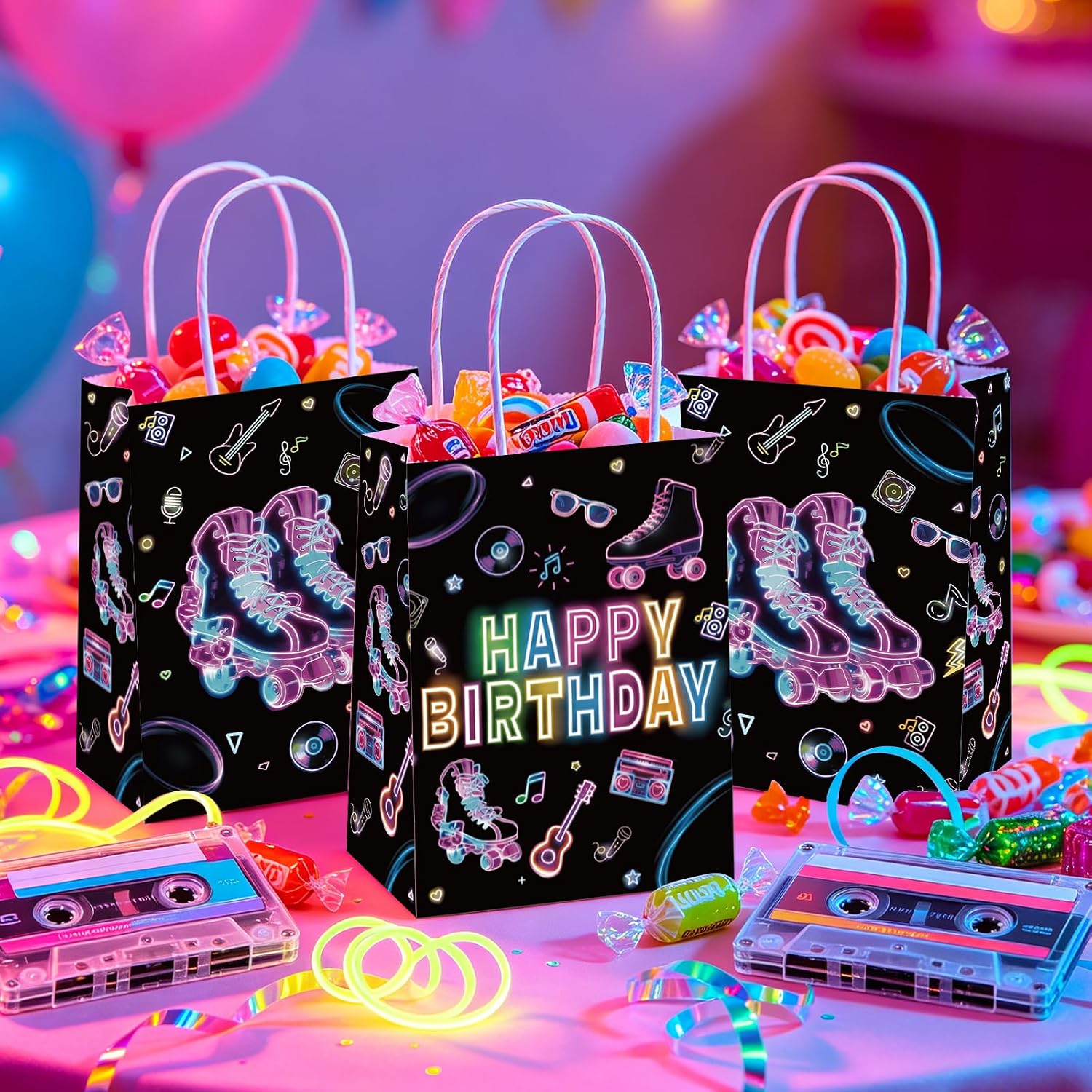 16Pcs Roller Skating Birthday Goodie Bags Neon 80s - Grencian