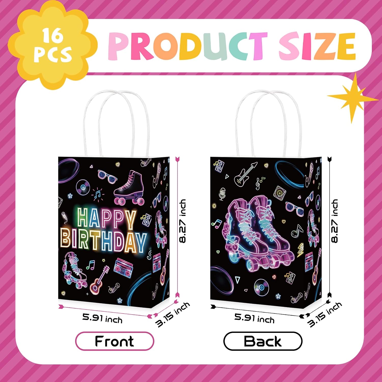 16Pcs Roller Skating Birthday Goodie Bags Neon 80s - Grencian
