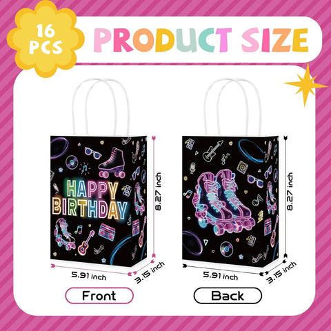 16Pcs Roller Skating Birthday Goodie Bags Neon 80s - Grencian