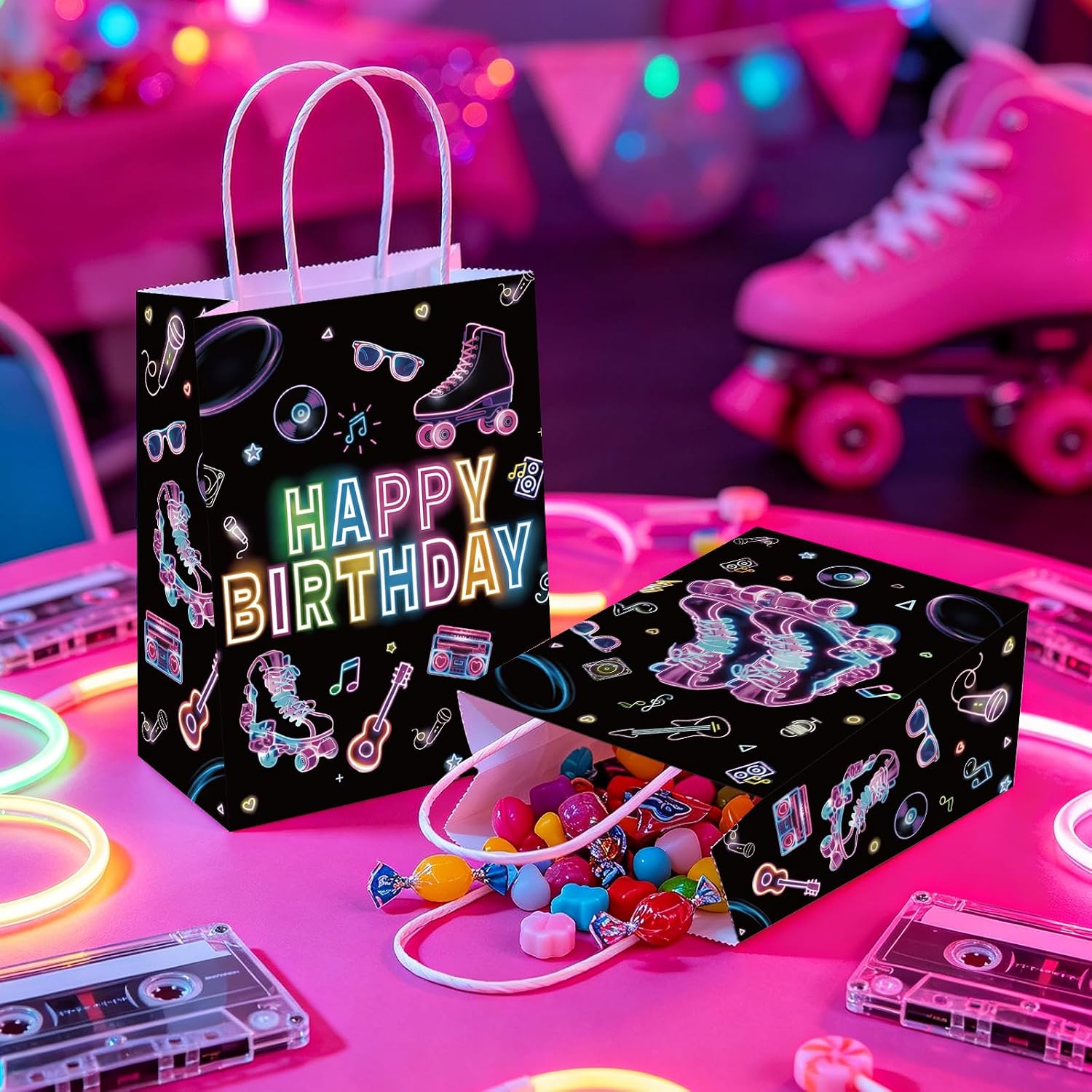 16Pcs Roller Skating Birthday Goodie Bags Neon 80s - Grencian