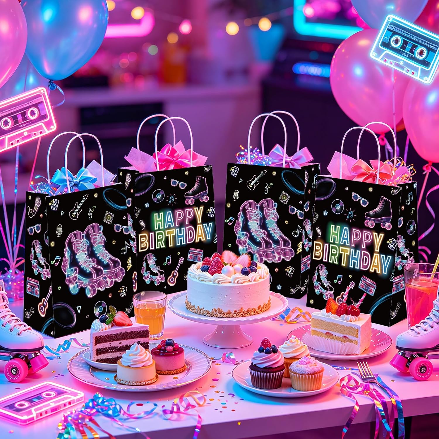 16Pcs Roller Skating Birthday Goodie Bags Neon 80s - Grencian