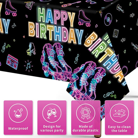 Close-up of neon glow plastic tablecloth with roller skate graphics