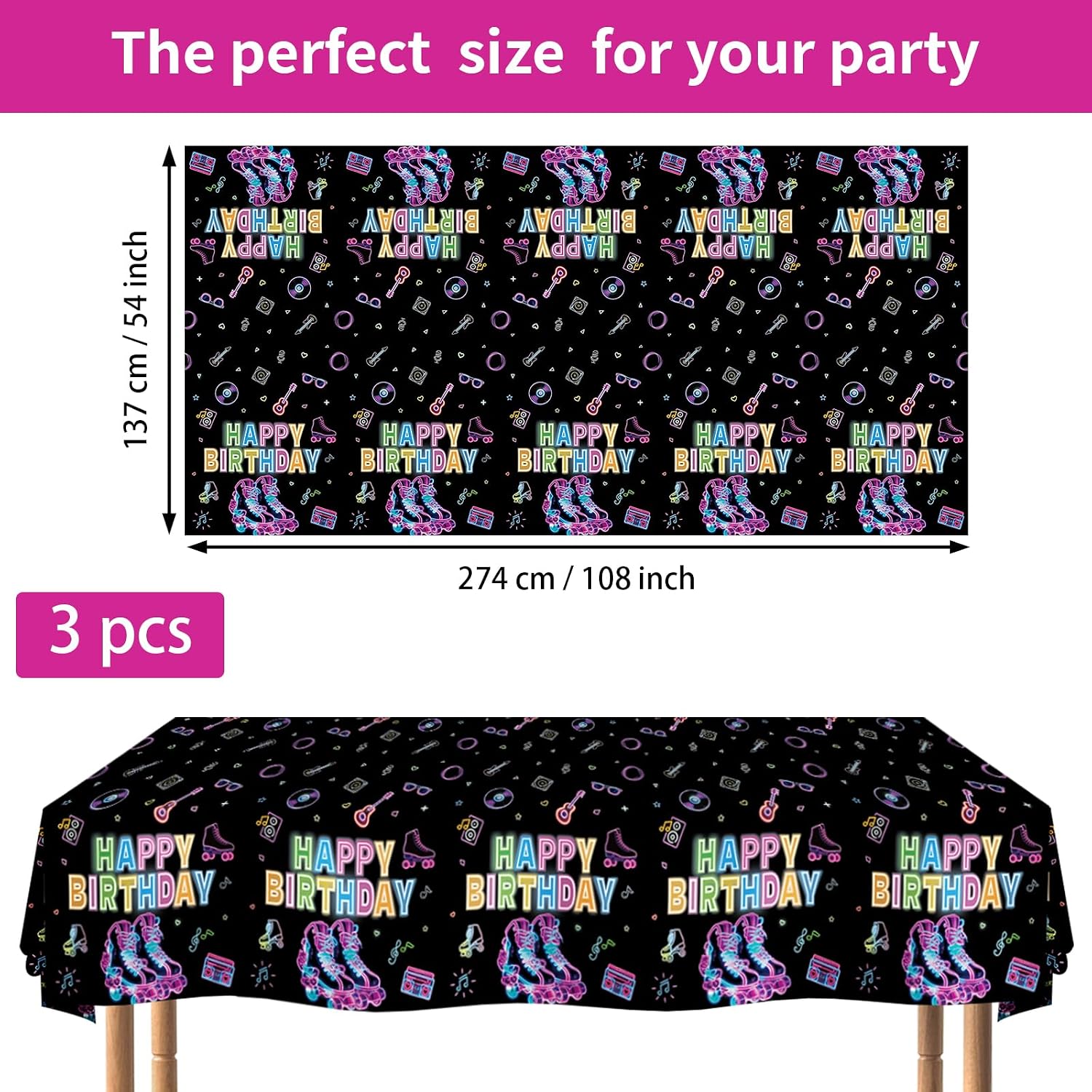 Flat lay of three roller skating tablecloths with neon pattern