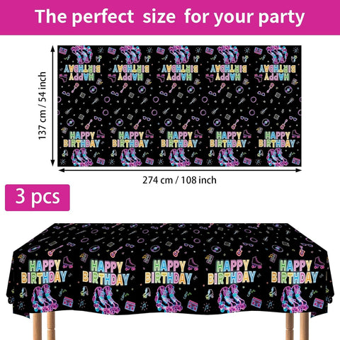 Flat lay of three roller skating tablecloths with neon pattern