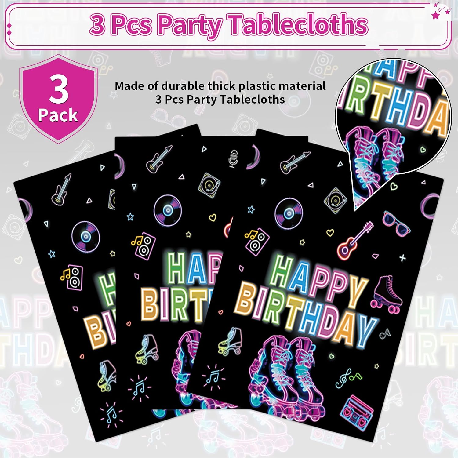 Roller skating tablecloth draped on party table with glow decorations