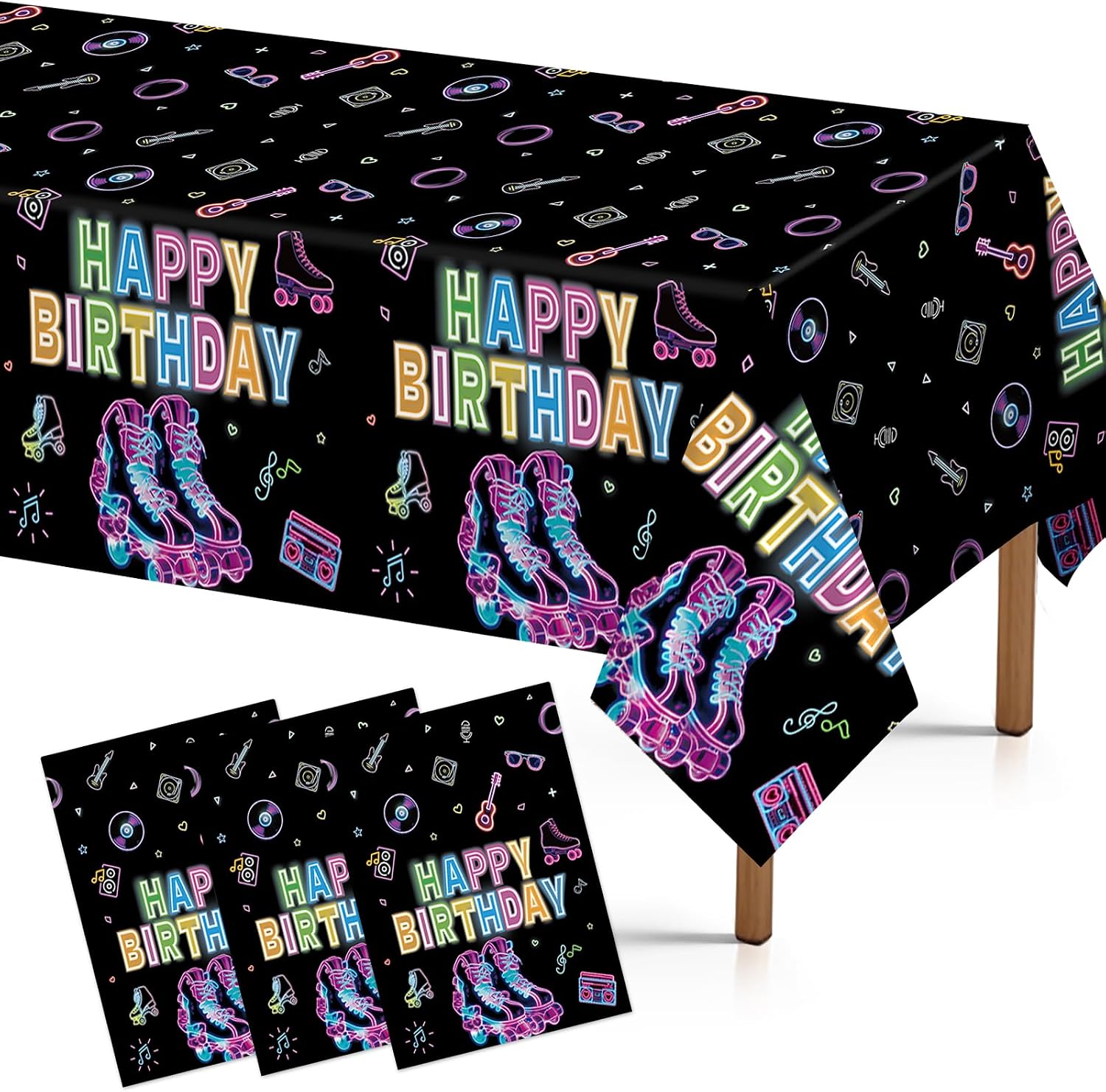 Grencian 3-piece roller skating birthday tablecloth set with neon glow design